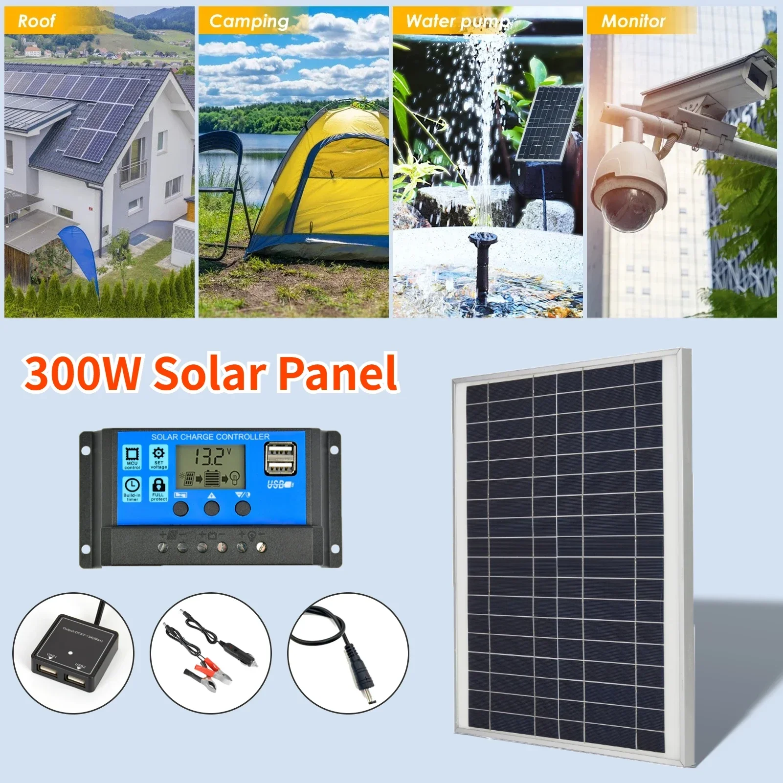 300W 18V Portable PET Aluminum Frame Monocrystalline Solar Panel Dual USB Outdoor Solar Charging Panel Solar Charging Controller