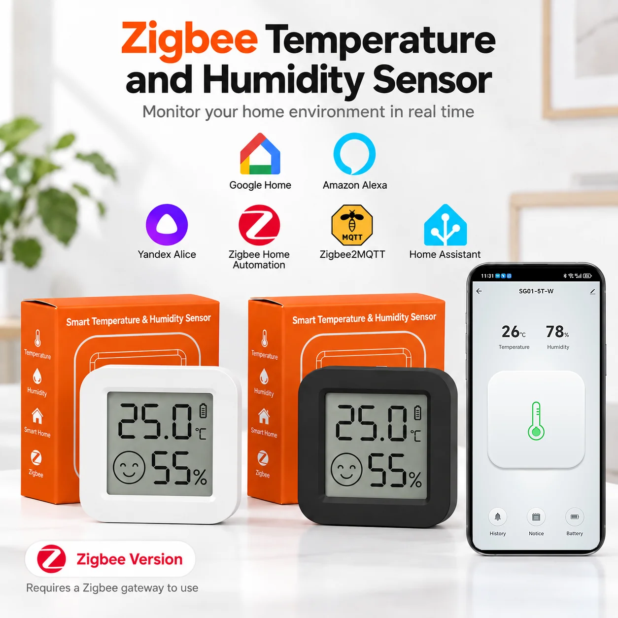 Zigbee 3.0 Temperatur- und Feuchtigkeitssensor, Zigbee-Hub erforderlich, kompatibel mit ZHA, Yandex, Zigbee2MQTT, Alexa, SmartLife.