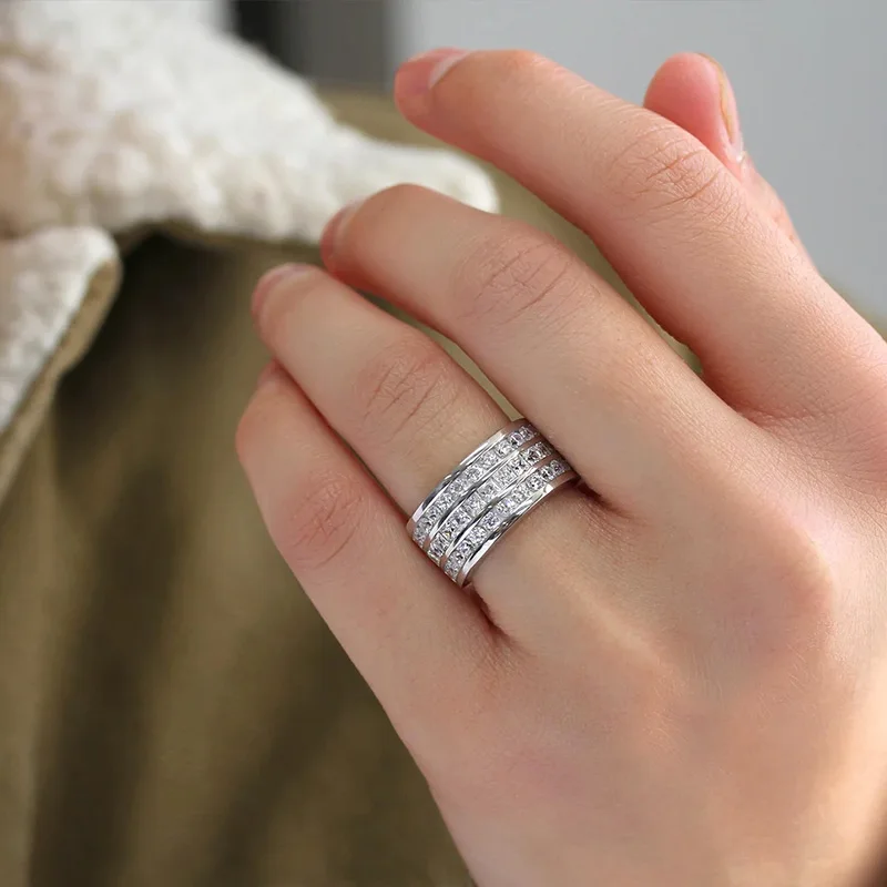 Huitan Three-Lines CZ Rings Luxury Silver Color Accessories for Women Sparkling Bridal Wedding Bands Rings New Trendy Jewelry
