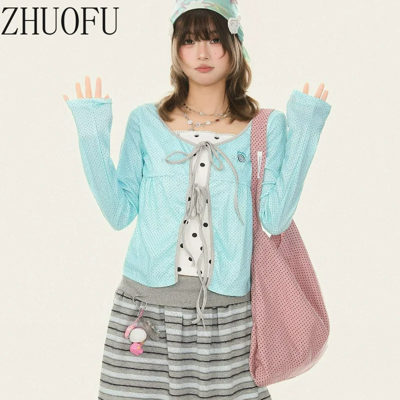 Polka Dot Strap Fake 2-piece Women's Long-sleeved T-shirt 2026 Autumn Sweet Design Loose Y2k Versatile Age-reducing Tops Ladies