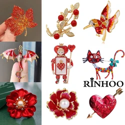 Rinhoo Crystal Pearl Red Color Flower Cat Leaf Brooch For Women Elegant Floral Lapel Pins Plant Badge Party Jewelry