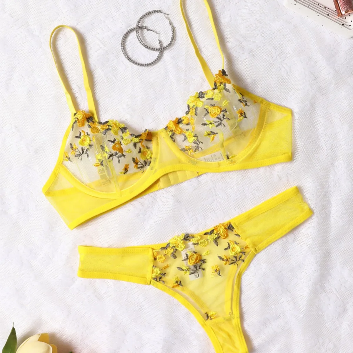 Yellow For Women Transparent Embroidered Underwear Transparent Hot Lingerie Panties Intimates Woman Two Piece Set Clothing