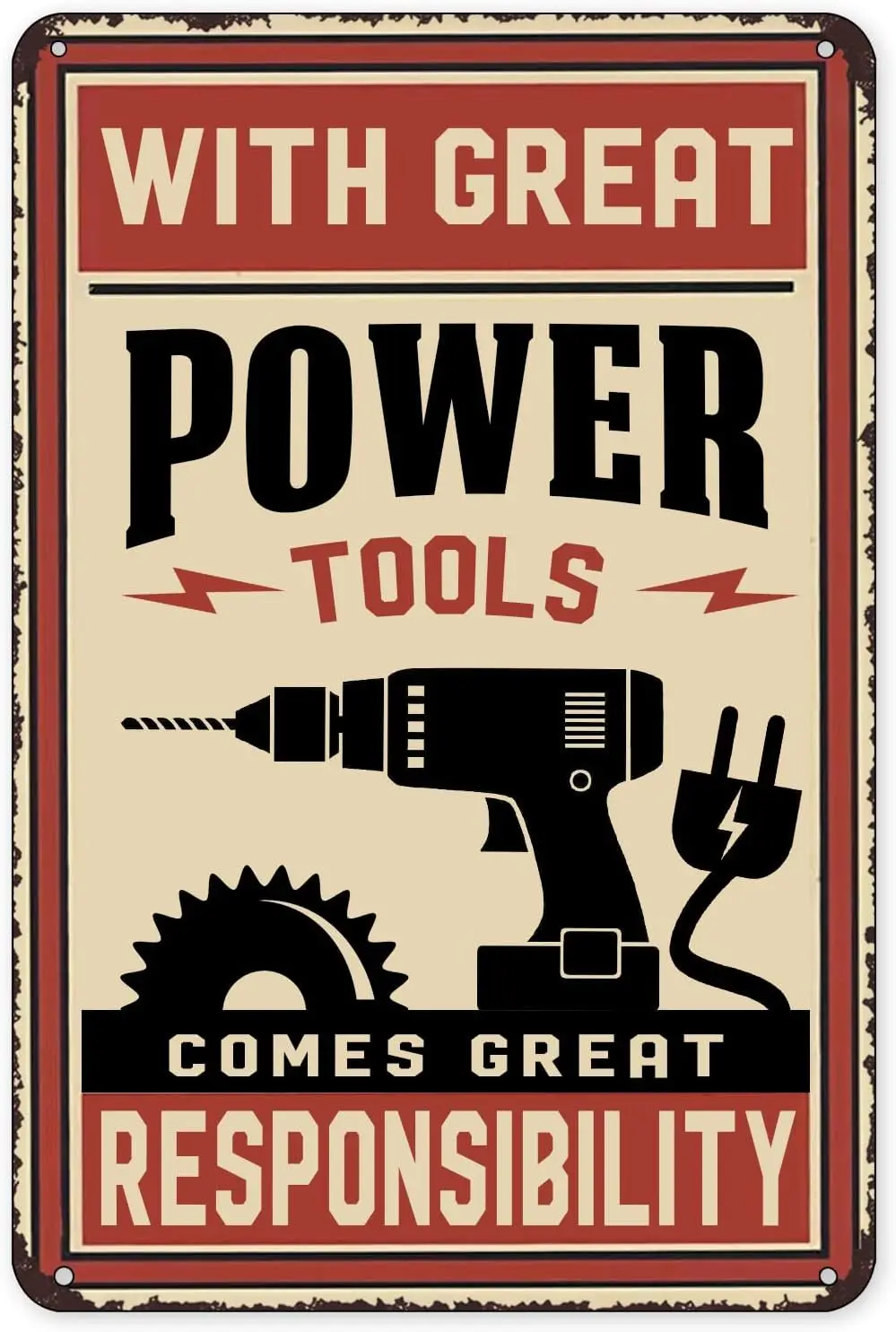 Great Power Tools Great Responsibility Funny Vintage Garage Sign Metal Poster Art Decoration for Garage Living Room Bedroom Offi