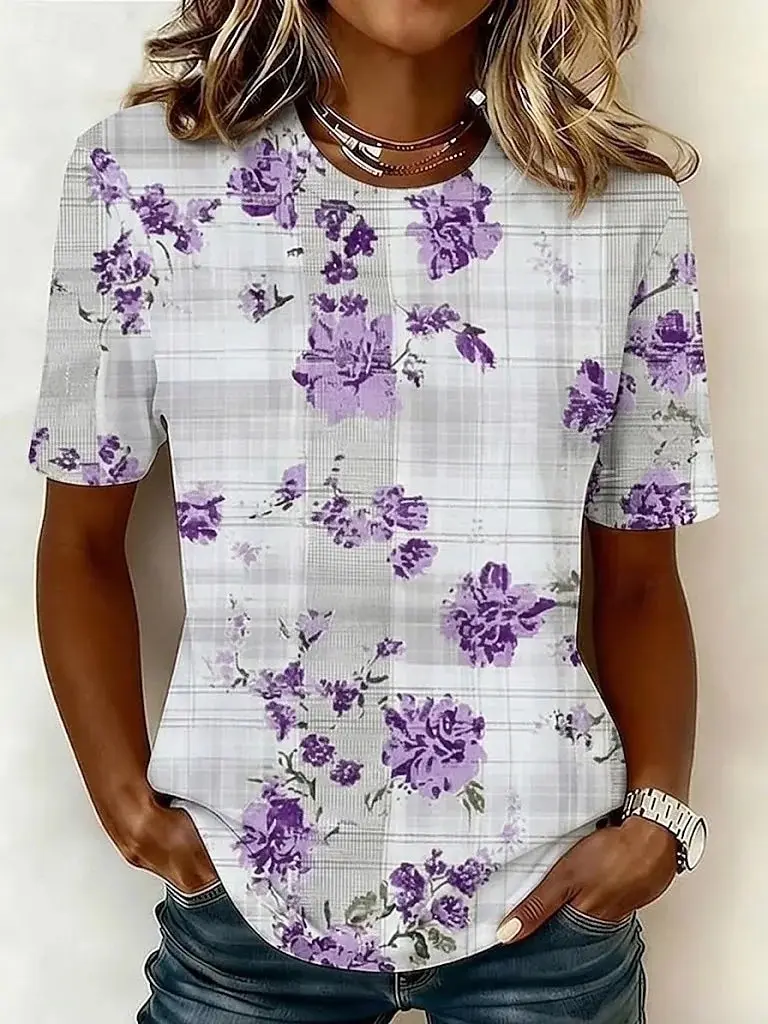 Women's Spring Summer 3D Printed Crew Neck T-Shirt, Pink Purple Vertical Stripe Block Patchwork Print Casual Daily Outfit Tee
