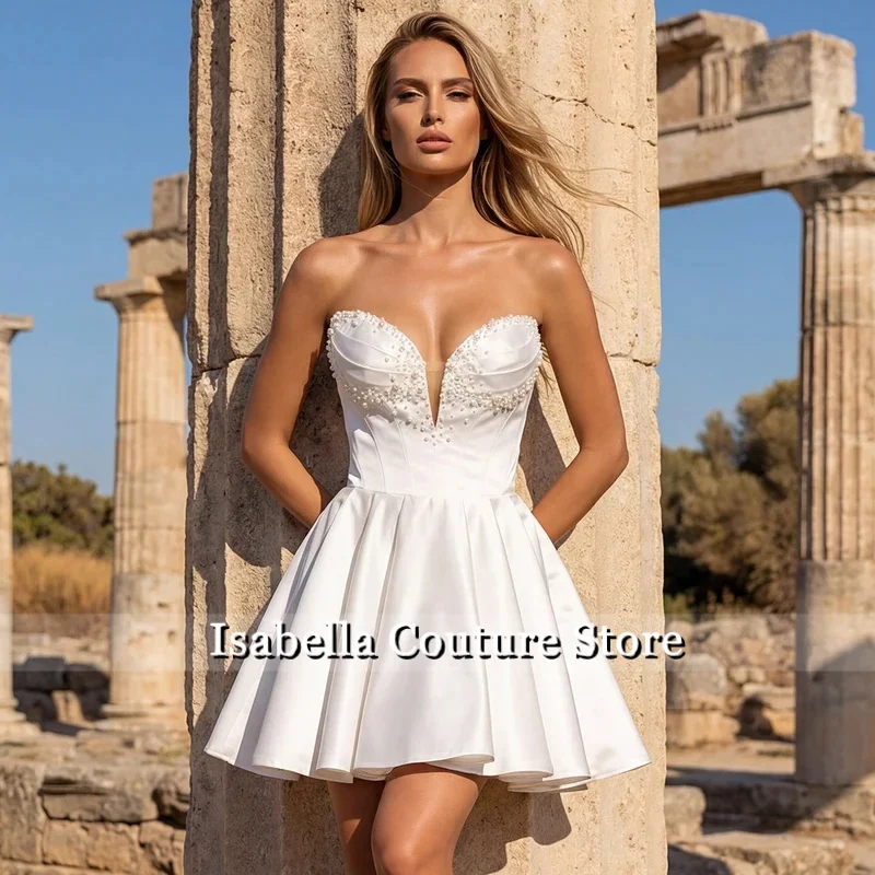 Luxury Beaded Short Wedding Dress For Bride Vestidos Novia Strapless Puffy Ball Gown Customized Mini Satin Bridal Party Gown