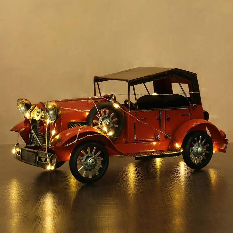 Luminous Vintage Car Model Metal Office Tabletop Decoration Home Decor Children Gift Toy Iron Craft Boy Birthday Gift