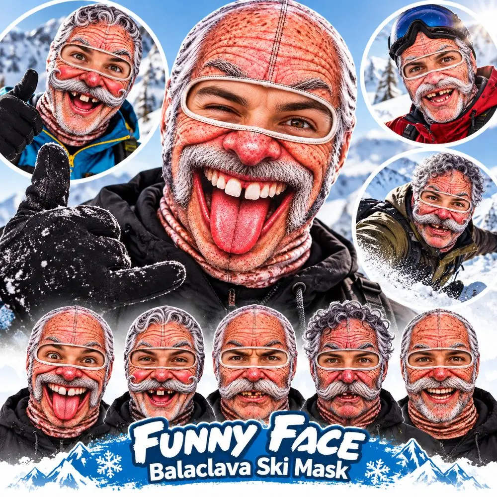 3D Face Printed Old Man Balaclava Face Mask Full Coverage White Mustache Funny Ski Mask Stretch Breathable Eye Hole