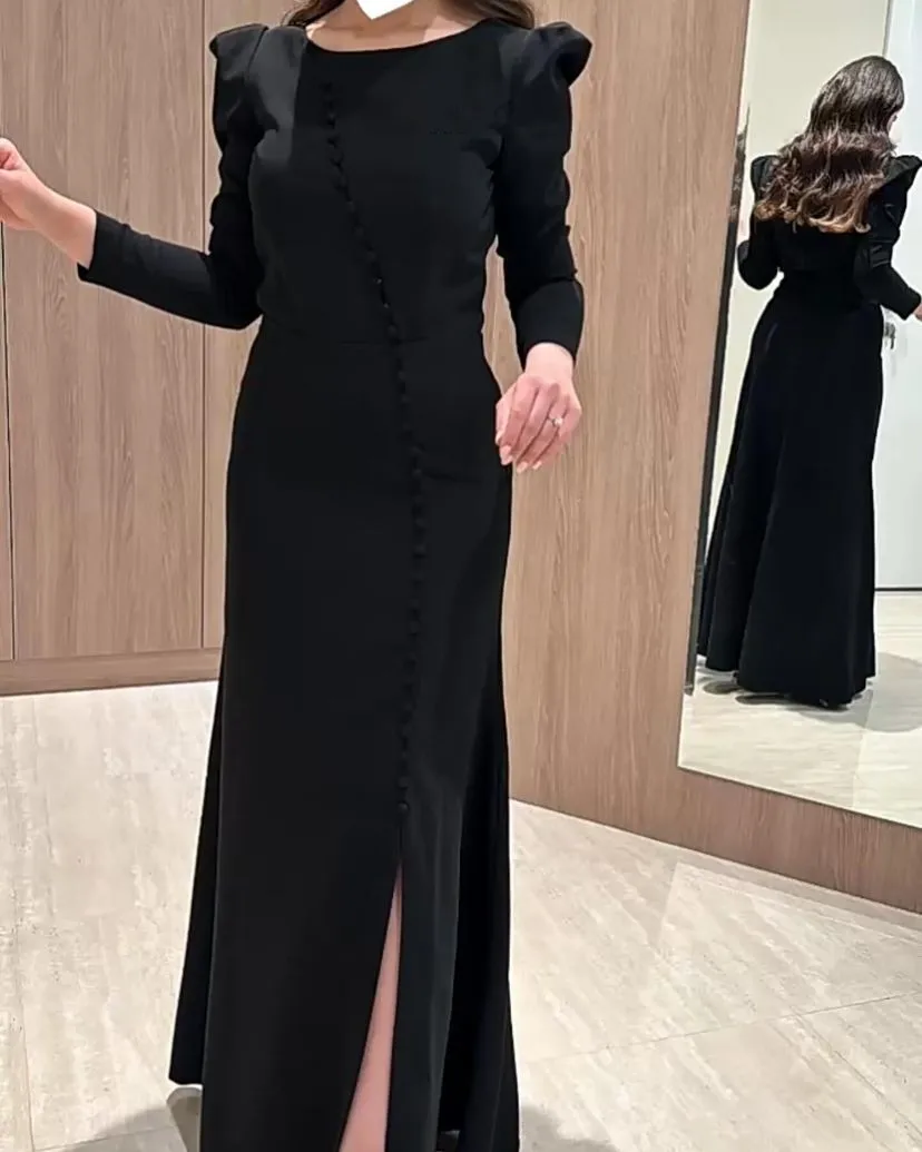 

Элегантные черные платья-русалки для выпускного вечера, вечерние платья в пол с длинным рукавом, пуговицами и разрезом сбоку, вечерние платья