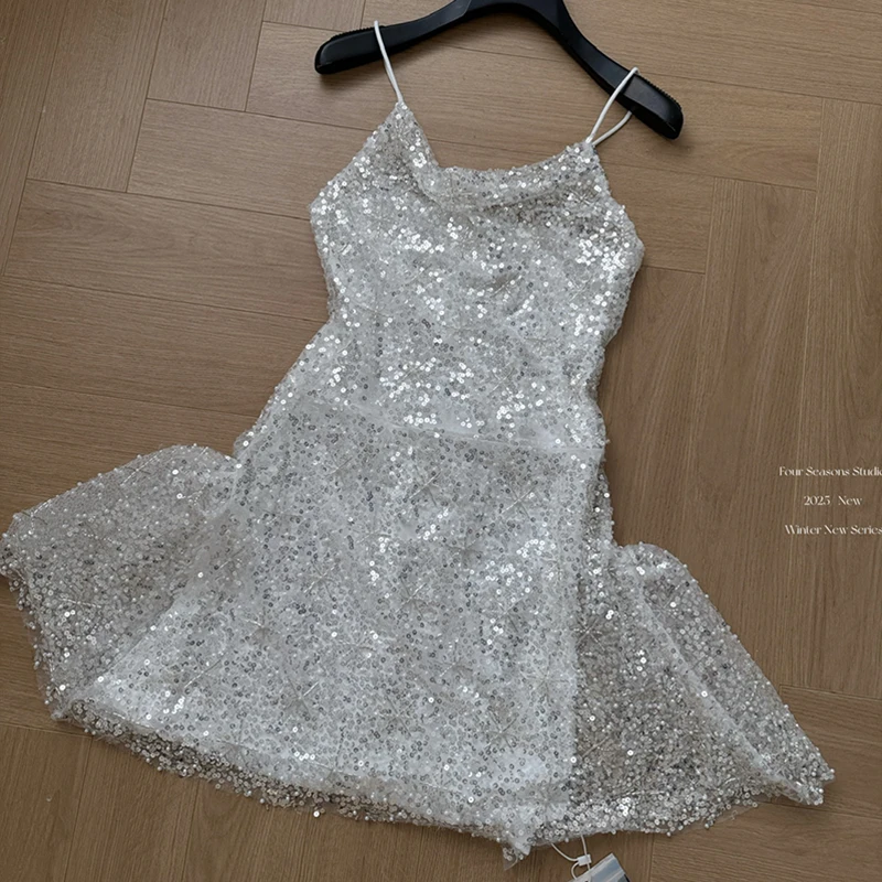 スパンコールパーティードレスショート高級スパゲッティストラップジップアップボールガウンエレガントな妖精韓国ファッション女性服セレモニードレス