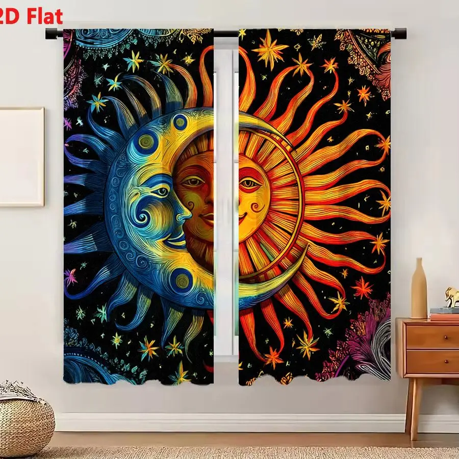 2Pcs Curtains 2D Flat Cosmic Sun And Moon Union Psychedelic Art Yin Yang Balance Window Drapes for Bedroom Room Decor Decoration