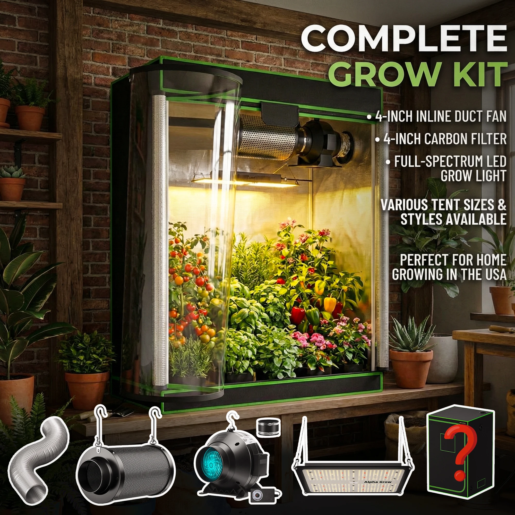 

Комплект палатки для выращивания с 4-дюймовым вентилятором, 4-дюймовым углеродным фильтром и дополнительным светодиодным освещением для выращивания растений — доступны различные размеры палатки (2x2, 3x3, 4x