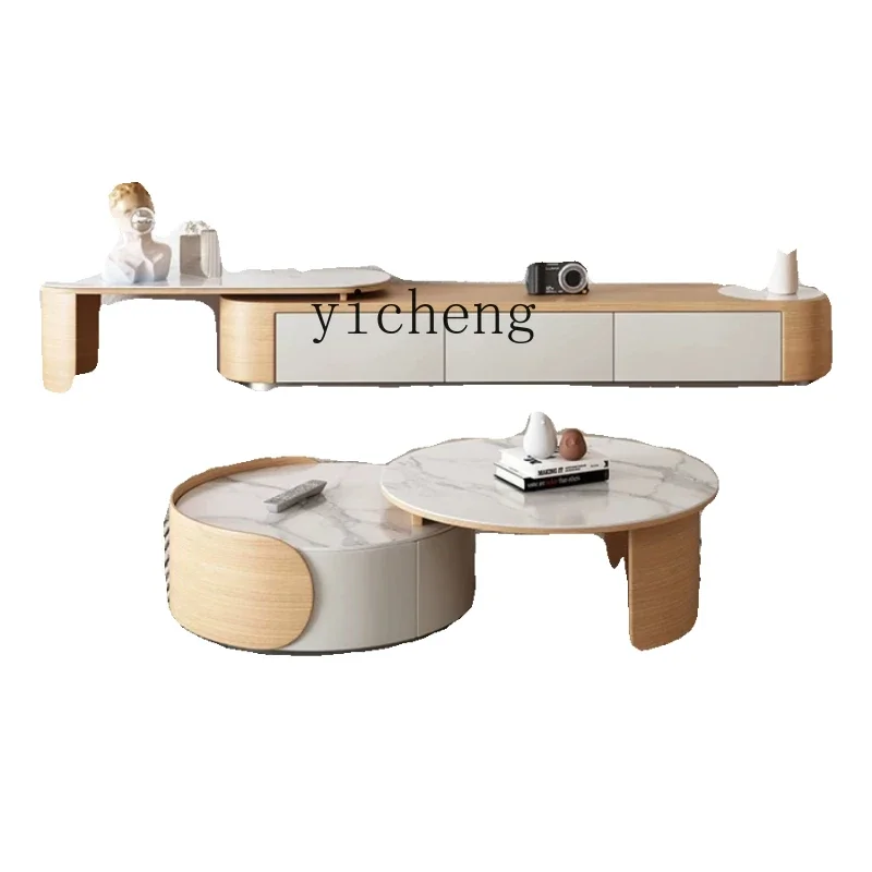 

rock slab coffee table TV cabinet combination cream wind simple living room size round telescopic coffee table