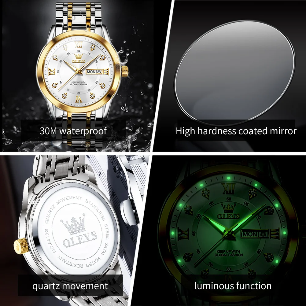 OLEVS 5513 Couple Watch Stainless Steel Waterproof Dual Calendar Trendy Quartz Watch for Men Women Elegant Lover's Wrist Watches