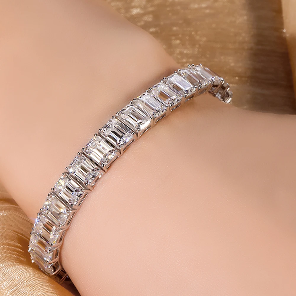 D Color 5*7mm 1CT Emerald Cut Full Moissanite Tennis Bracelets for Women Men Original S925 Silver Plated 18K White Gold Jewelry