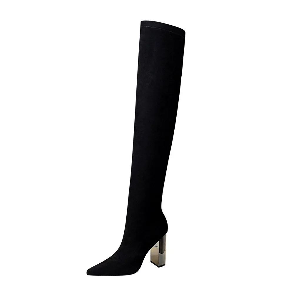 Botas por encima de la rodilla con tacón grueso de Metal a la moda para mujer, zapatos de tacón alto con apariencia de discoteca Sexy puntiaguda, corte ajustado por encima de la rodilla