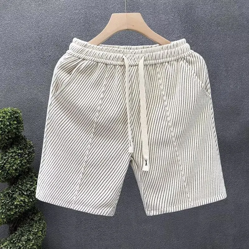 

Summer Men's Stripes Shorts Casual Wide Knee Length Shorts Lace-up Thin High Quality with Pocket Sports Beach 5 Points Pants