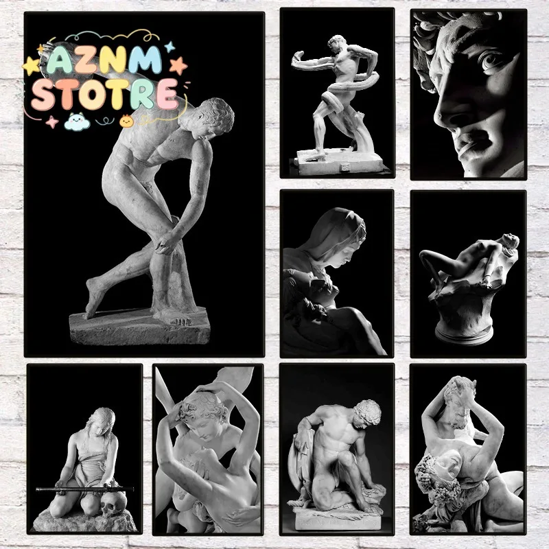 Black and White 19th Century Sculpture Poster Nordic Culture Greek Gods Statue Canvas Painting Wall Art Living Room Home Deco