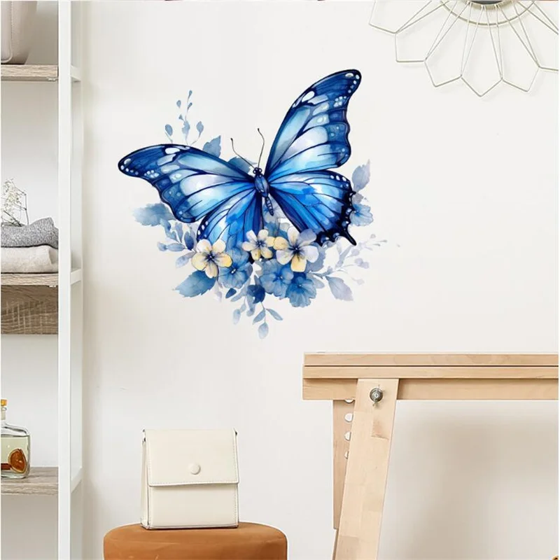 Removable Blue Butterfly Flower Wall Stickers For Livingroom Wardrobe Bedroom Home  Art Decals Decorative 29*30cm
