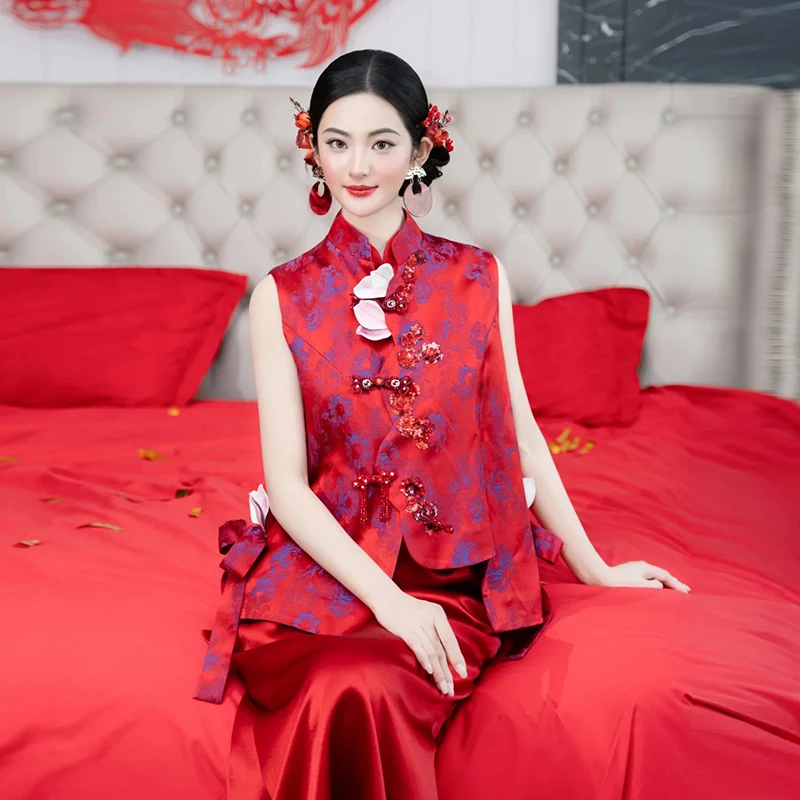

Новое свадебное платье в китайском стиле, красный свадебный комплект, летний наряд для тостов, костюм для невесты, праздничный свадебный костюм для торжественной церемонии