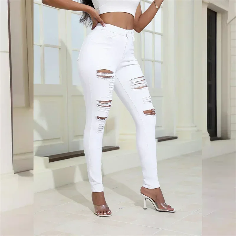 2024 Fashion Broken Holes Women Pencil Jeans Trend Streetwear Slim Fit Denim Pants Casual Solid Color High Waist Female Trousers