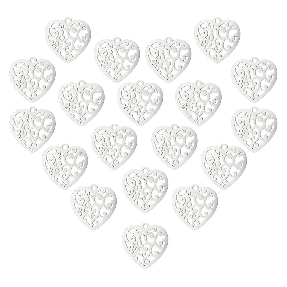 

40Pcs 201 Stainless Steel Pendants Heart with Cirrus Stainless Steel Color 15.5x15.5x1mm Hole: 1.2mm