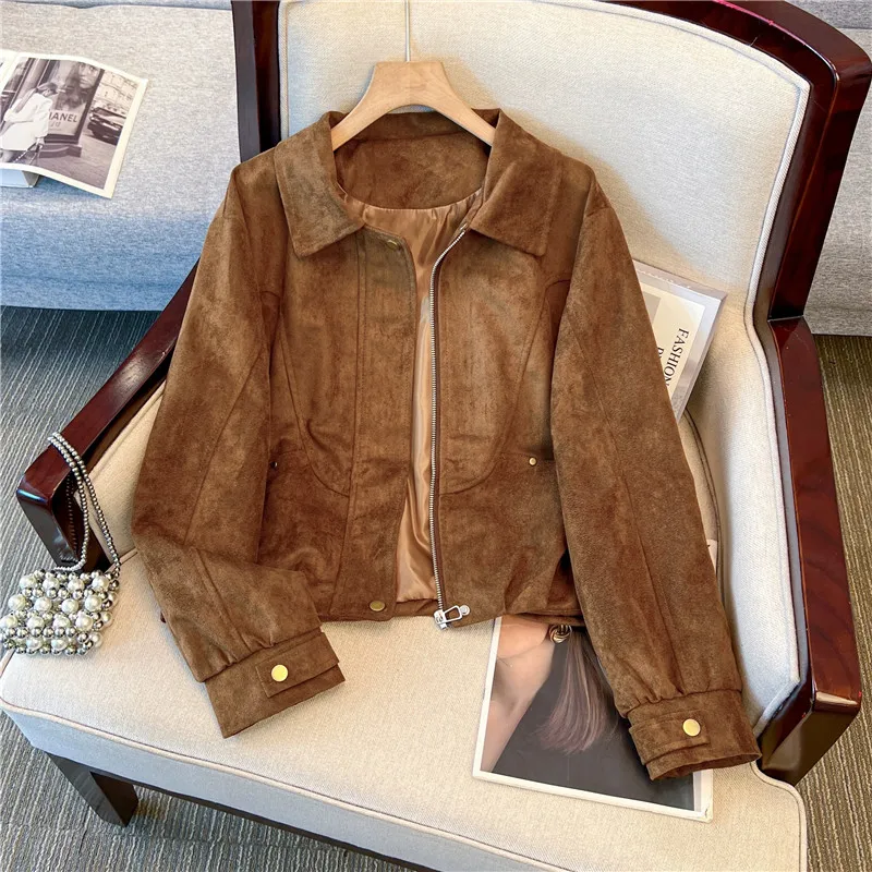 Spring Autumn Women Korean Vintage Brown Short Faux Suede Jacket Loose Casual Lapel Long Sleeve Female Biker Jacket Streetwear
