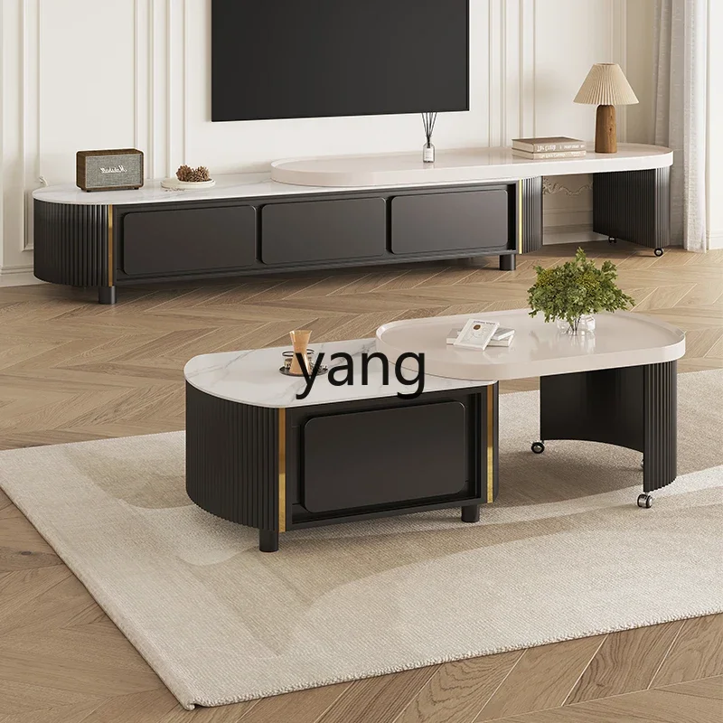 LH rock slab coffee table TV cabinet modern light luxury cream wind telescopic mobile oval