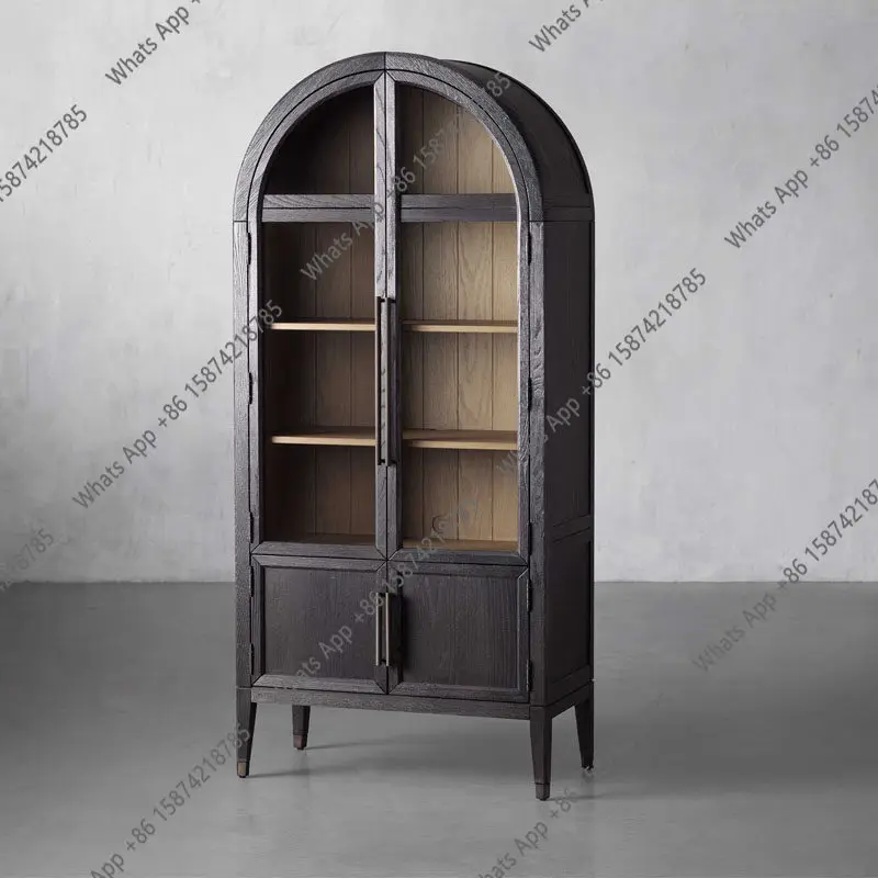 

American arched bookcase French retro wine cabinet glass door storage Nordic side cabinet black medieval bookshelf