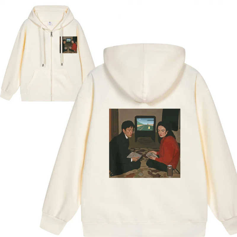 سترة بغطاء للرأس بسحاب للرجال يشاهدون التلفزيون على الأريكة 2025 نمط جديد غير رسمي للأزواج كاجوال وفضفاض #5