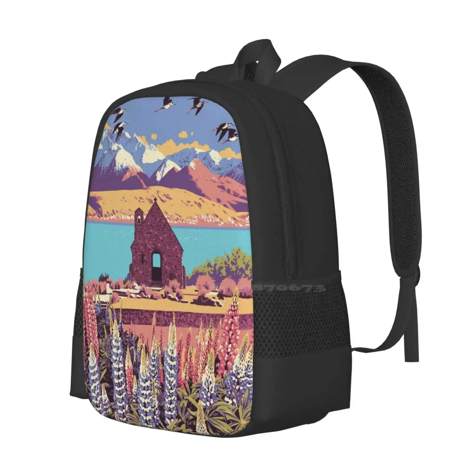 Lake Tekapo School Bag Big Capacity Backpack Laptop Tekapo Vintage Travel New Zealand Tourism Church Lake Country Colour Graphic