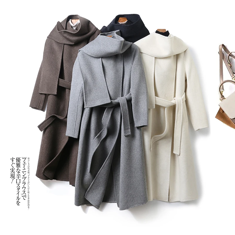 Elegant Double-Sided Woolen Scarf Stand Collar Waist-Cinching Korean Fashion Versatile Long Coat for Women Winter 2025