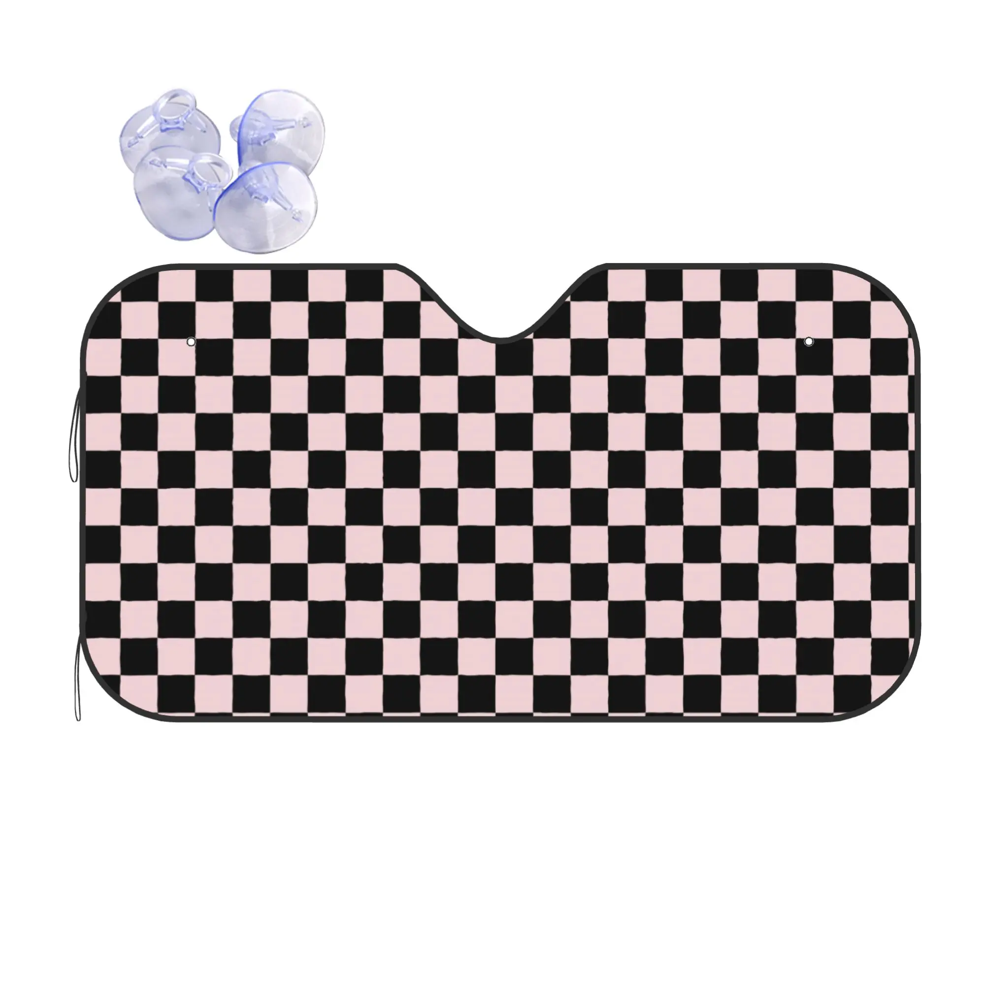Checkered Black and Light Pink Checkerboard Plaid Car Front Windshield Sun Visor UV Protection Portable Aluminum Foil Auto Visor