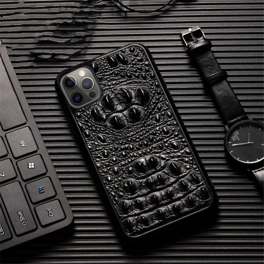 Genuine Cowhide Leather Crocodile Slim Case for iPhone 13 14 15 16 Pro Max Matte Armor Back Cover