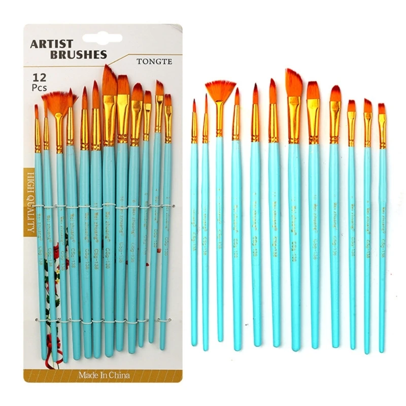 Paint Brush Set, 12pcs Round Pointed Tip Nylon Hair Brushes for Acrylic, Watercolor, Oil Gouache, Face Art Painting