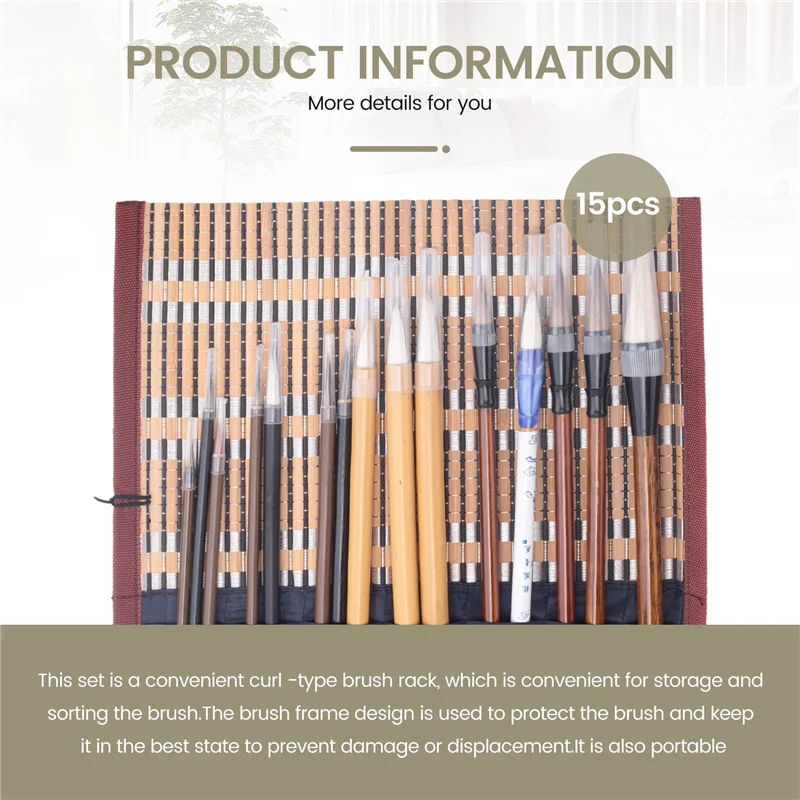 Professional 15Pcs Chinese Writing Brushes With Roll-Up Brush Holder Watercolor Art Ink Painting Writing