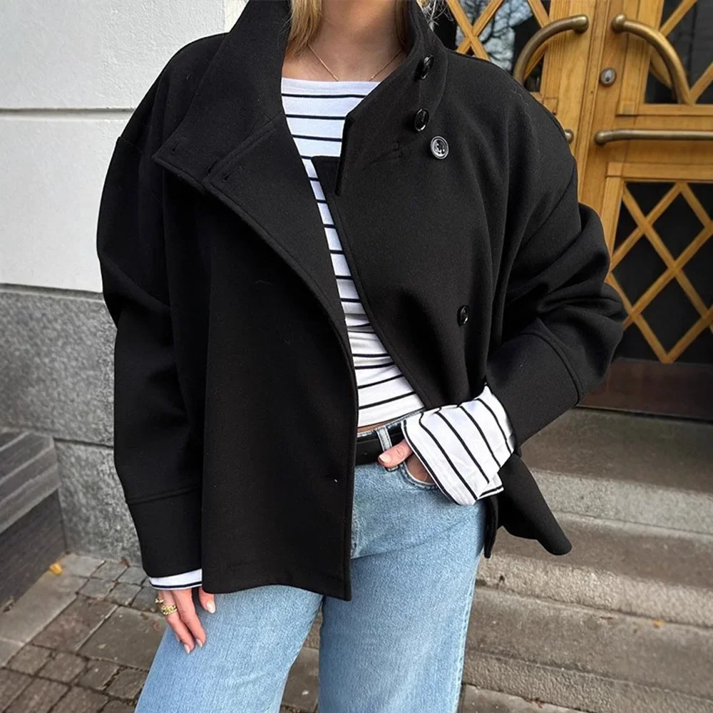 2025 Women's Short Wool Coat Stand Collar Double Faced Elegant Cropped Jacket Minimalist Fall Outerwear