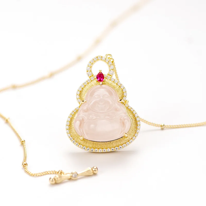 

New Elegant Synthetic Red Corundum Pink Buddha Necklace Medieval Jewelry for Party Wedding