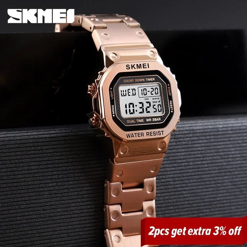 Skmei Women 30M Waterproof Multi-Function Watch Stainless Steel Strap Reloj Digital Mujer ClocK Retro Fashion Digital Watch 1433