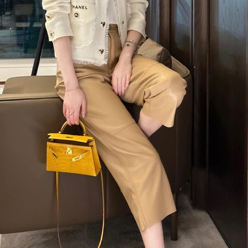 

Straight Leg Pants Cropped Trousers Spring Autumn Women Genuine Sheepskin Versatile Simple Slim Coffee/Khaki/Black Leather Pants