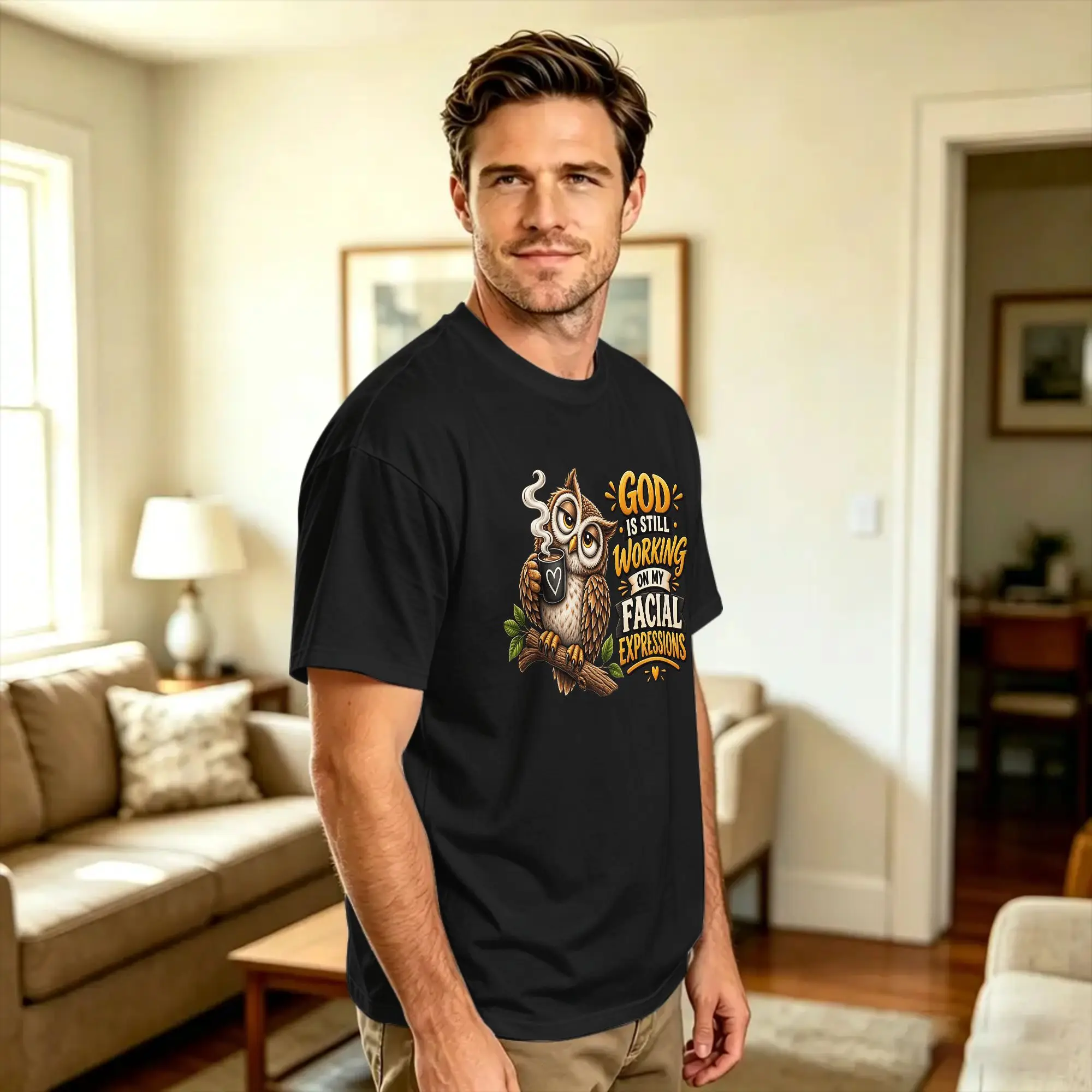 Harajuku T Shirt Summer God Is Still Working On My Facial Expressions Funny Owl Christian Faith Humor Hipster T-Shirts Cotton