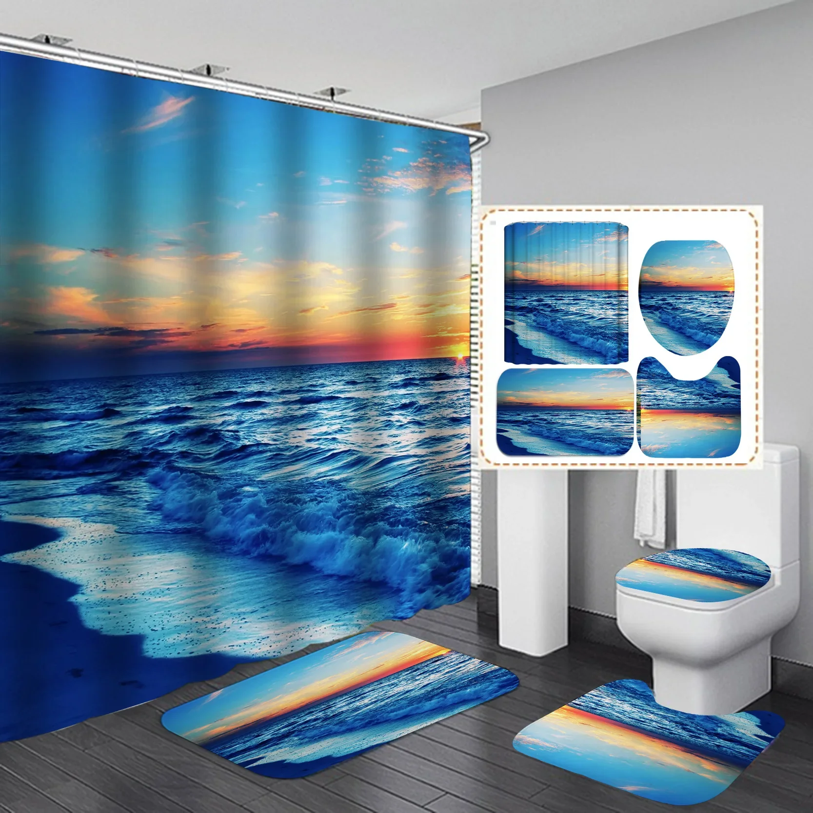 Hot Sales Flower Bathroom Sets Set 4 Pcs Shower Curtain