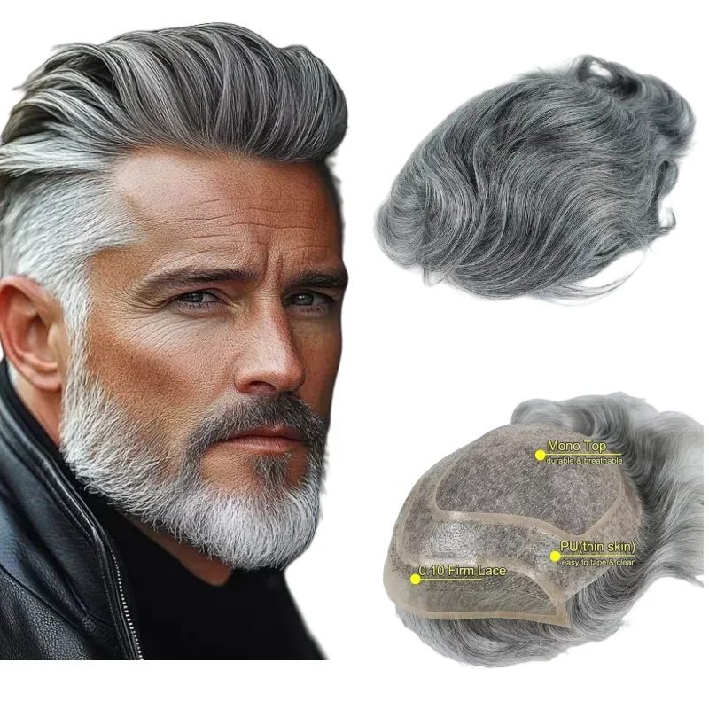

Мужской парик из натуральных волос на моно основе, седые, 8x10 дюймов | Цвета 1Б80 1Б90 # 4 # 7 # Система замены волос 613