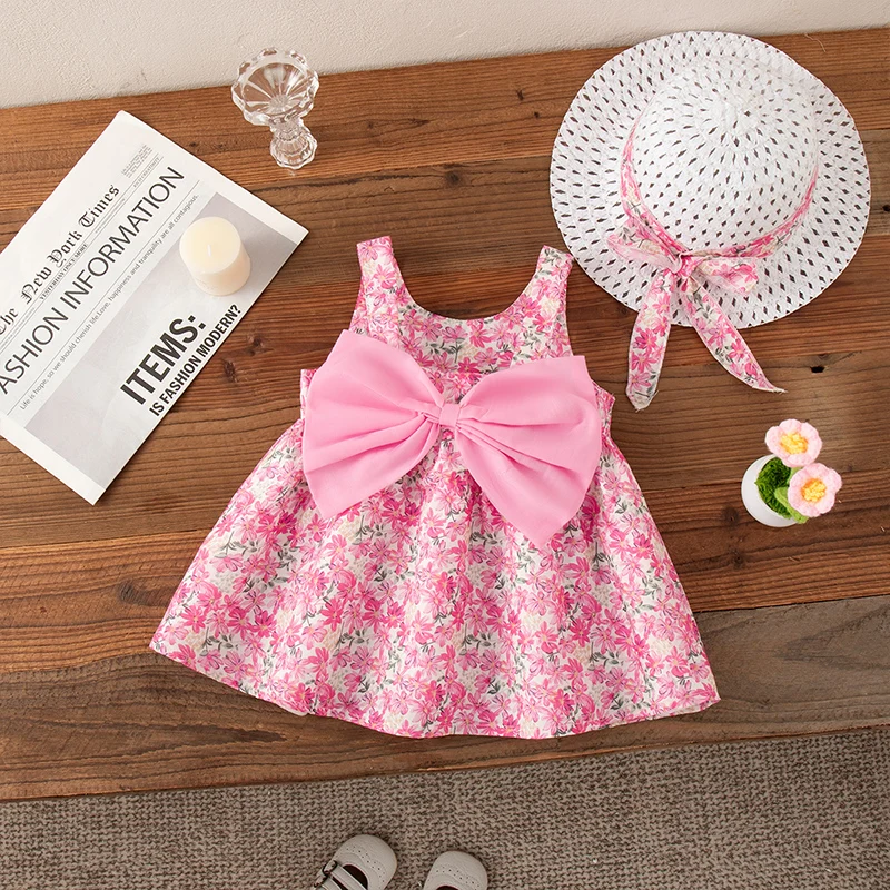 

2-Piece Set Of Summer New Big Bow Full Body Printed Small Skirt For 0-2 Year Old Baby Girls Suspender Dress With Straw Hat