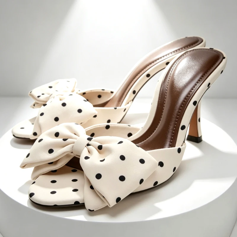 Satin Polka Dot Bow Decoration Mules Slippers Women Summer 2026 Sexy Open Toe Heeled Sandals Elegant Wedding Designer Shoes