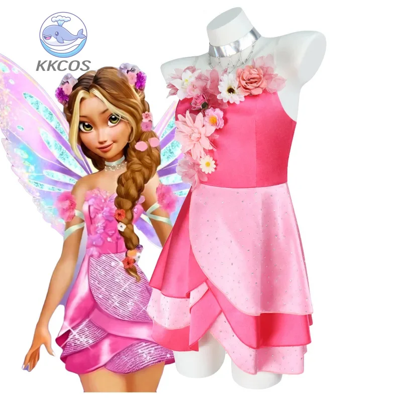 

Костюм Флора Феи для косплея, розовое платье, ожерелье, красочные дефекты, комплект реквизита, вечерние костюмы на Хэллоуин для женщин, модная униформа, платье