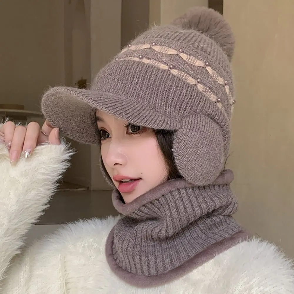 Cold-proof Beanie Hat Scarf Set Windproof Duck Bill Woolen Hat Beanies Caps Thicken Plus Velvet Scarf Warm Knit Hat