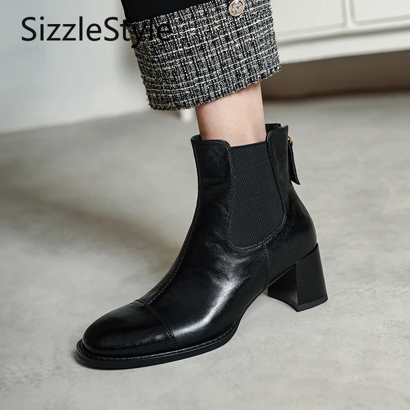 المرأة العصرية جلد طبيعي بسيط خياطة التباين خياطة سترتش كعب مكتنز أحذية الكاحل