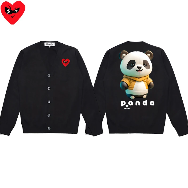 Boxing Panda Cartoon Printing Men Cardigan Cotton Red Cute Glasses Heart Embroidery V-Neck Single Breasted Autumn Fit Sweater