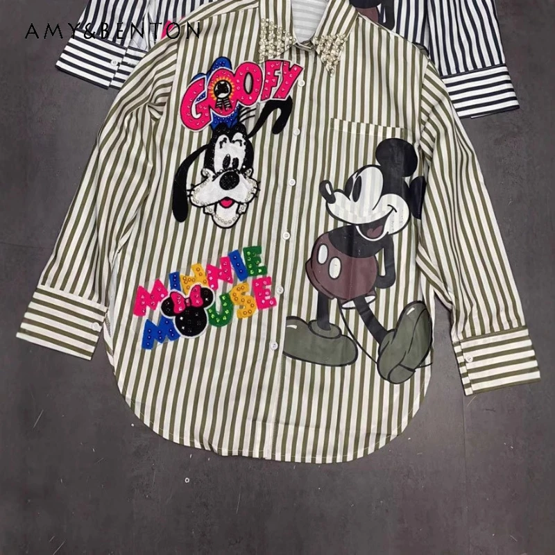 

Европейский стиль Y2k, полосатый отложной воротник, топ с длинными рукавами, рубашка для женщин, весна 2026, новое свободное пальто с мультяшным бисером, блузка