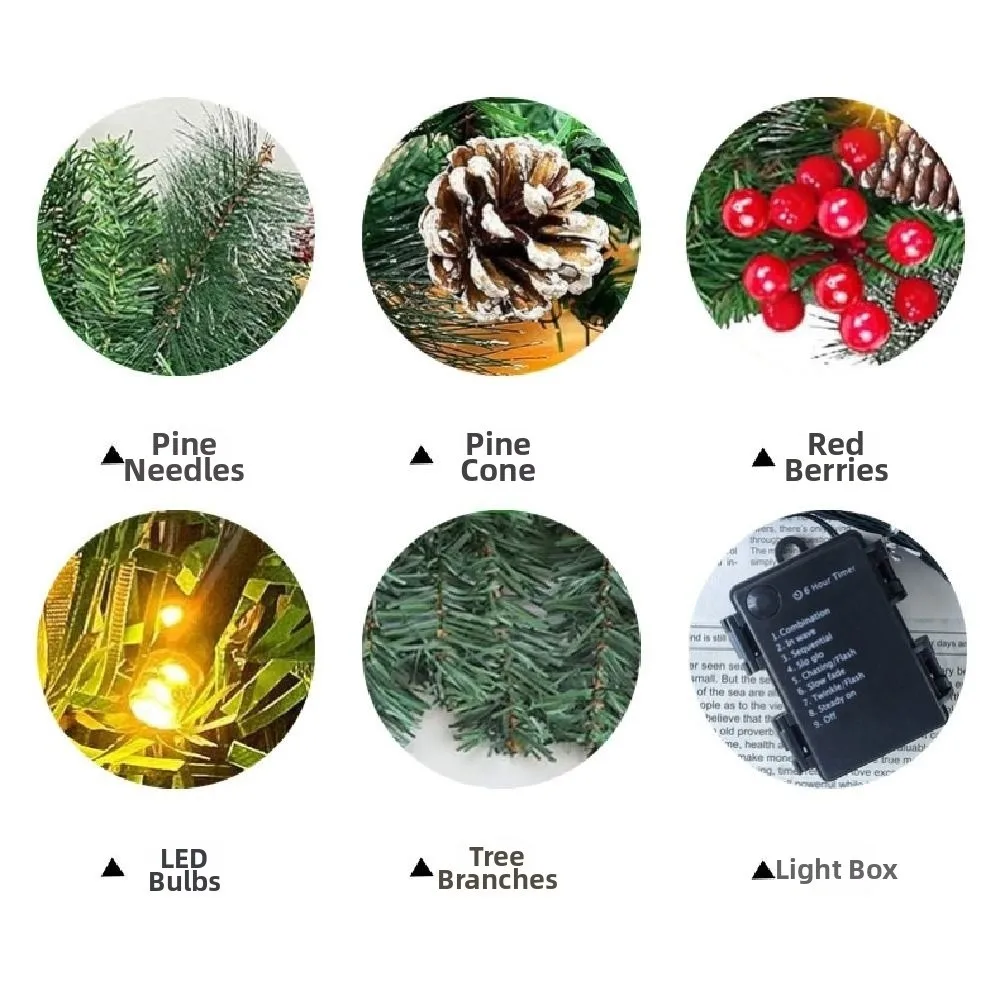 

8 Modes LED Christmas Garland Lifelike Timer Lighted Xmas Wreath Green Waterproof Artificial Christmas Garland Front Door Decor